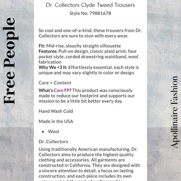 FREE PEOPLE BY DR COLLECTORS CLYDE TWEED PANTS SIZE LARGE NEW - Picture 7 of 10